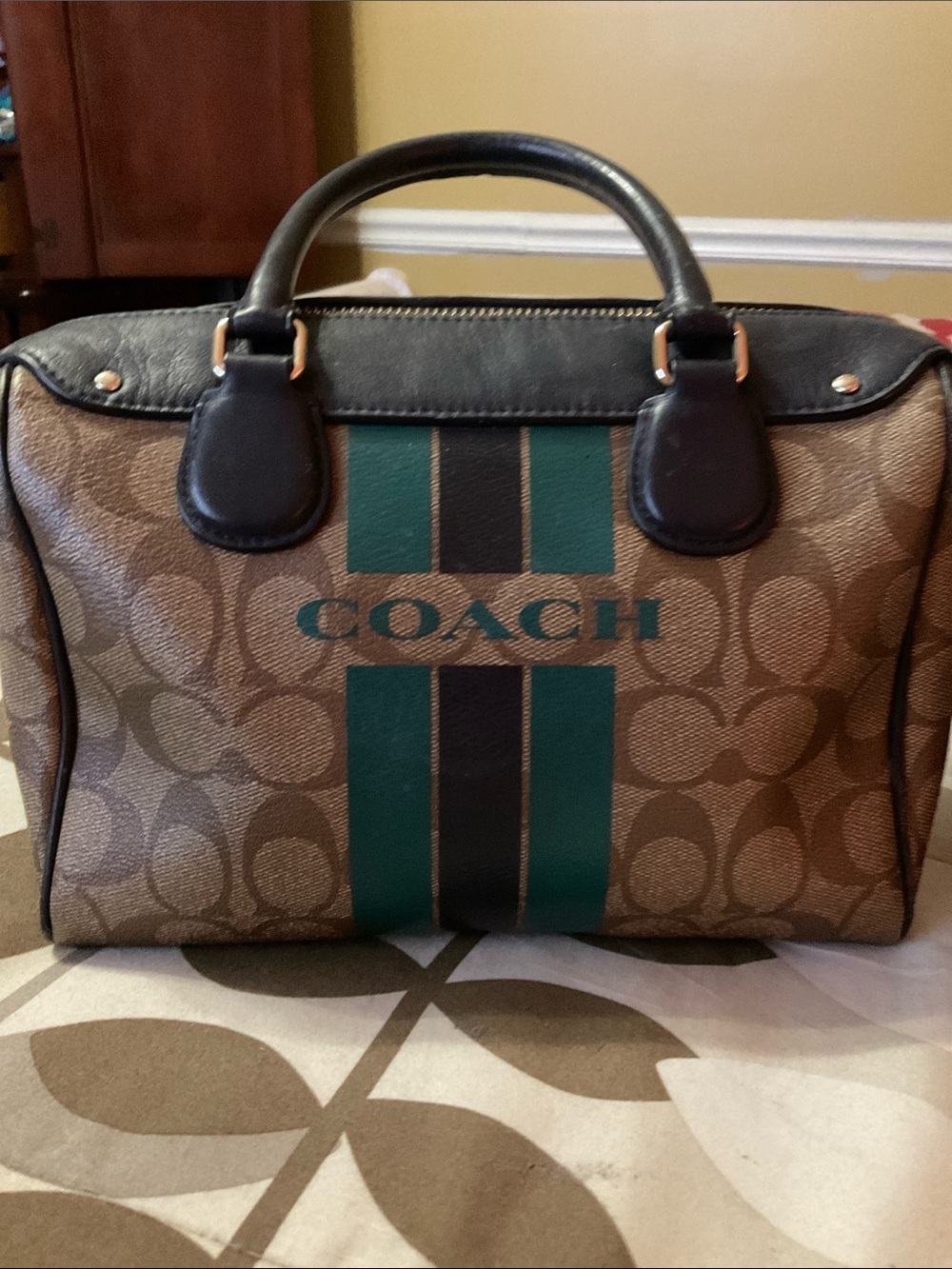 Coach Brown Signature Satchel with Green Stripes